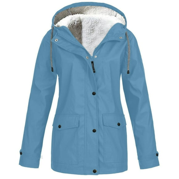 lcziwo Prime Day Deals Today Women's Raincoat Waterproof Rain Jacket with Hood Fleece Lined Long Sleeve Lightweight Windbreaker Hooded Trench Coat Hiking Raincoat Blue,XXXL