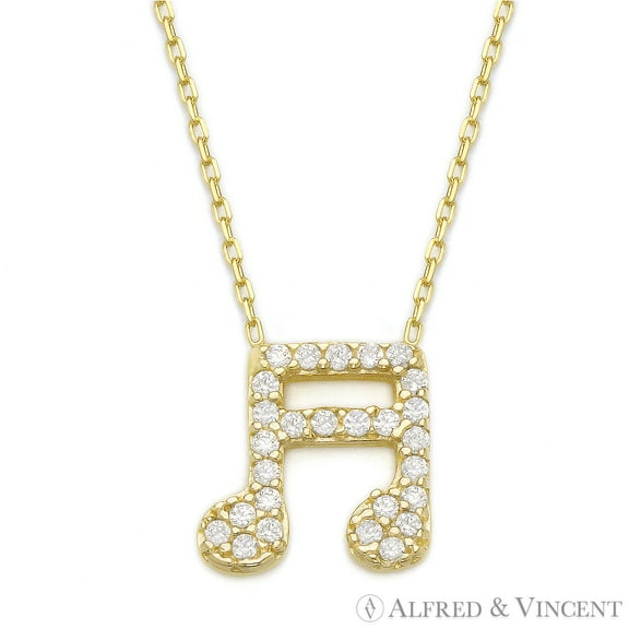 Music Note Charm CZ Crystal Pendant & Chain Necklace in .925 Sterling Silver