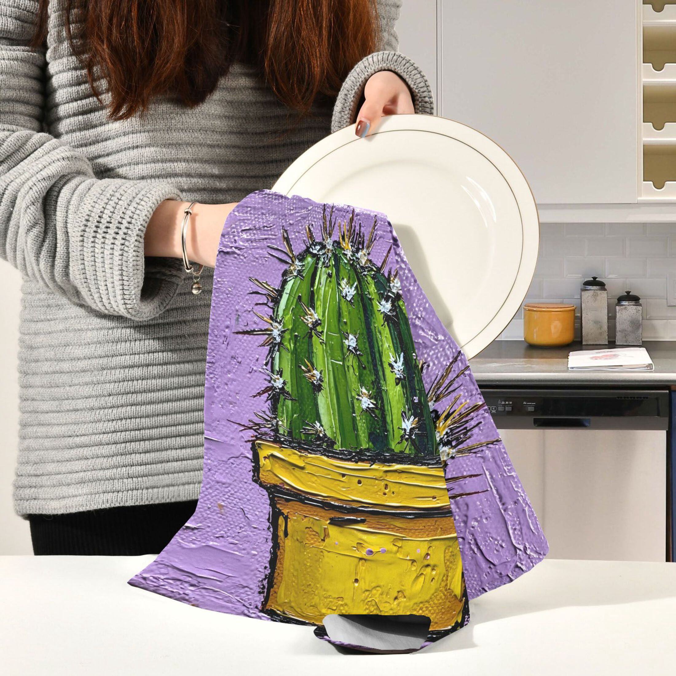 Cactus Painting Kitchen Towels 6-Piece Pack Tea Towels for Kitchen Decorative Waffle Design 28x18in