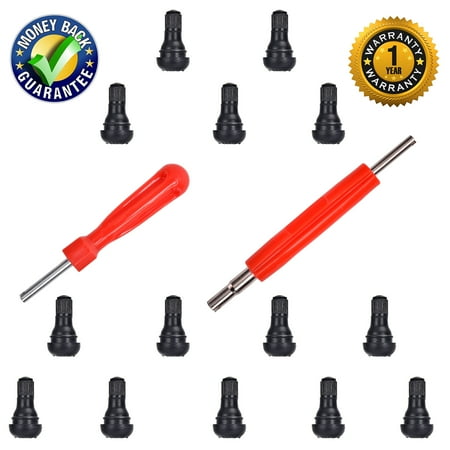 Short Valve Stem DCFlat Snap-In Short Black Rubber Valve Stem TR412 Tubeless 0.453 inch 11.5 mm Flange Hole for Standard Vehicle Tires-14pcs Black and 2 in 1 Set Dual Single Head Valve Core Remover Tire Repair Tool ()