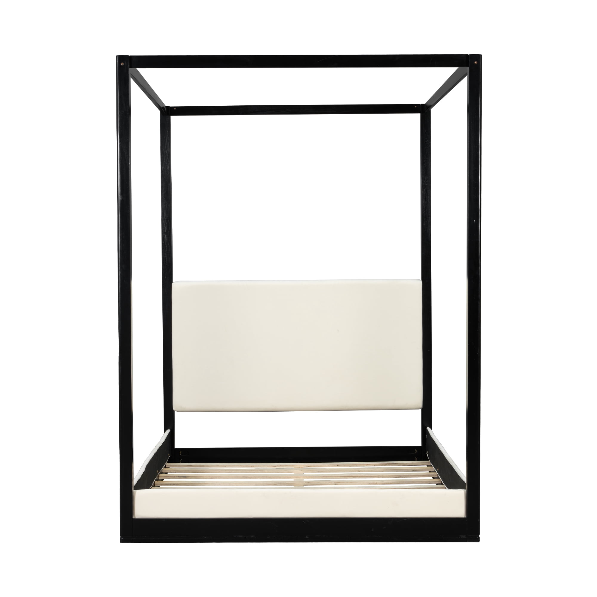 Euroco Wood Queen Size Canopy Bed with Upholstery Headboard, Black