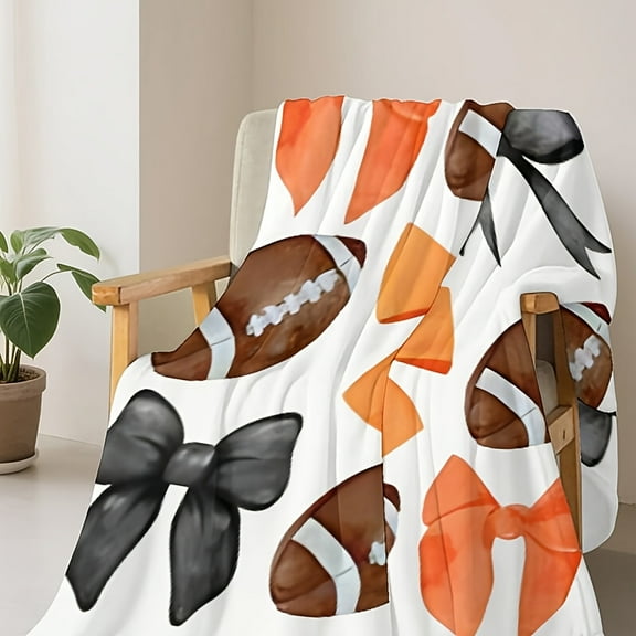 1pc Football Bows Coquette Bows Print Flannel Blanket - 50"x60" Large All-Season Soft Warm Cozy Throw, Lightweight Retro American Football Design with Bow Accent in Orange, Black, White & Brown for B