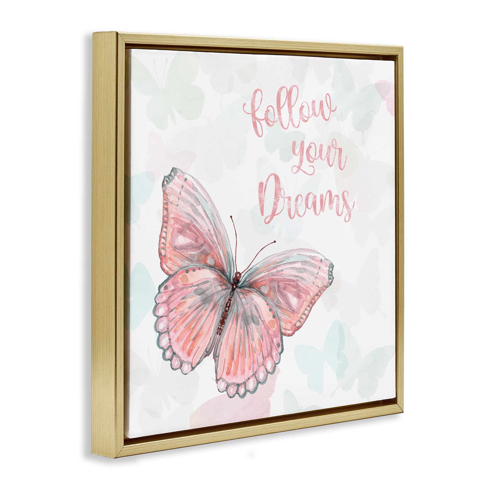 Stupell Industries Follow Your Dreams Pink Butterfly Animals & Insects Painting Gold Floater Framed Canvas Art Print Wall Art, 25 x 25