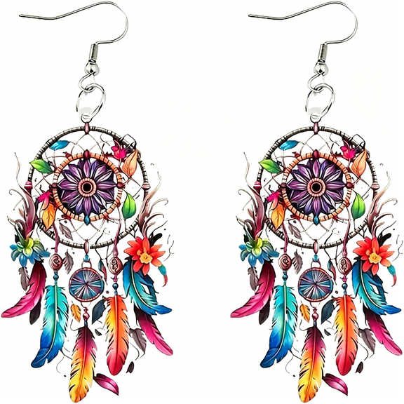 DESIGNICE Boho Dreamcatcher Feather Earrings, Acrylic Bohemian Feathers and Floral Earrings for Women, Colorful Dream Catcher Dangle Jewelry, Hippie Dangle for Festivals, Beach Days