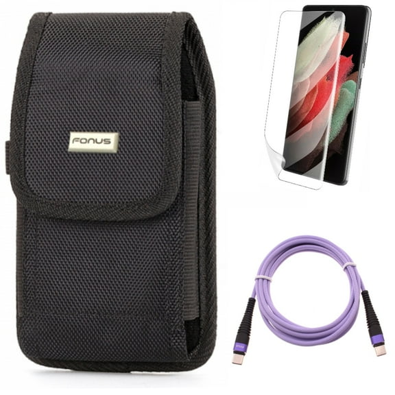 Matte Screen Protector w Case Belt Clip w Purple 6ft PD Cable for Samsung Galaxy S21 Plus - TPU Film Anti-Glare, Swivel Holster, Type-C to USB-C Long Charger Cord Accessory Bundle