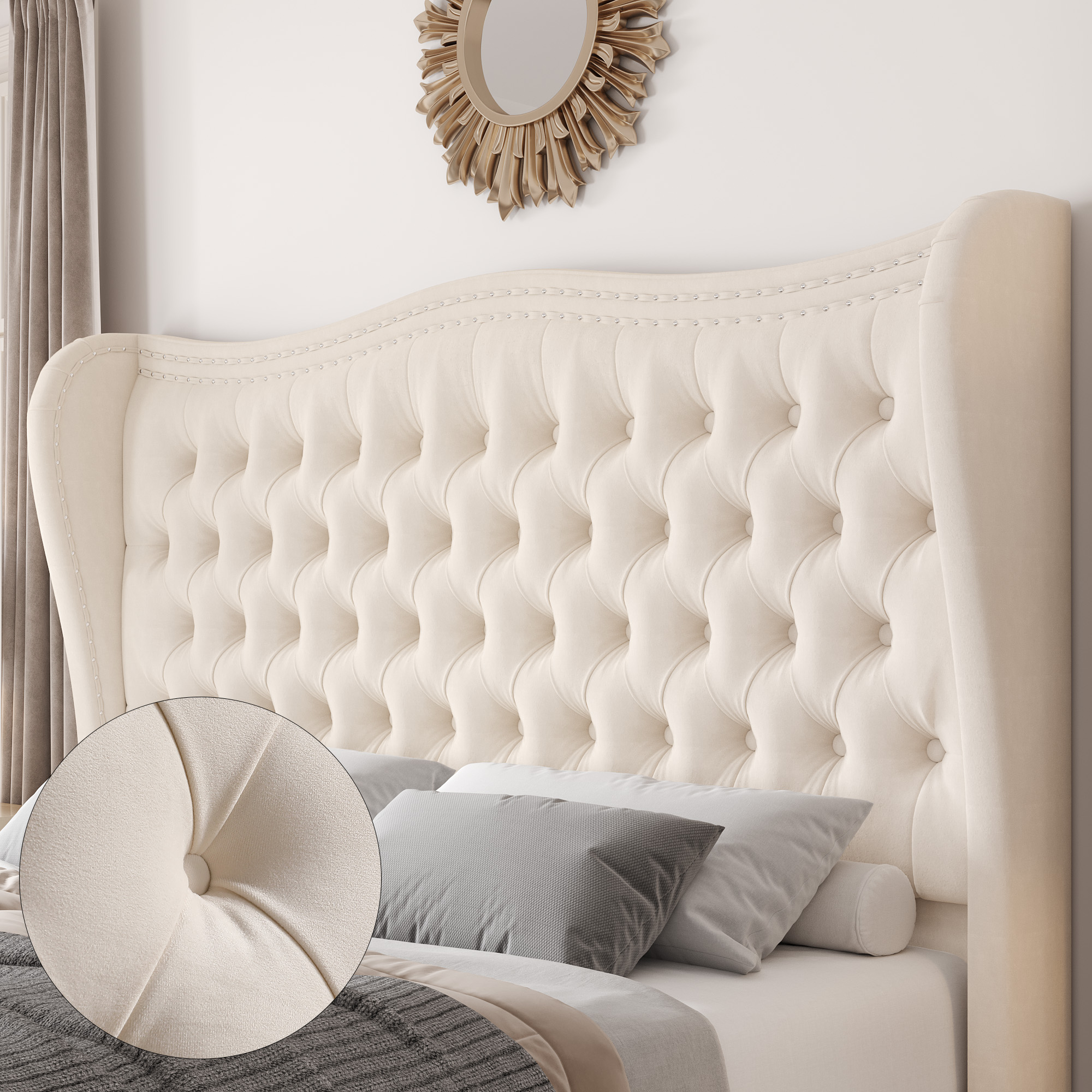 Homfa Queen Size Bed Frame, Modern Velvet Tufted Wingback Bed, Platform Bed with 55"H Upholstered Headboard, Off-White