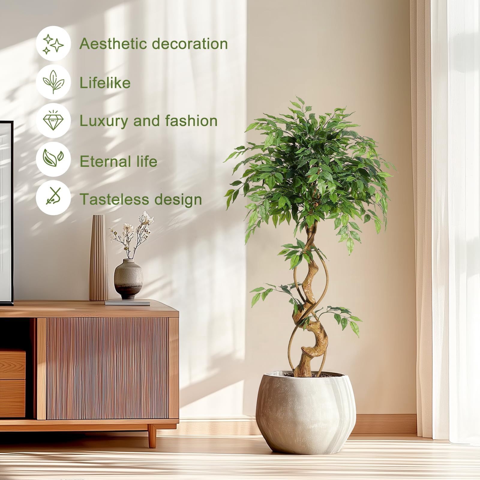 Artificial Ficus Tree 4-6FT with Curved Trunk Real Silk Leaves, Faux Plants in White Pot with Dried Moss for Indoor Home Office Living Room