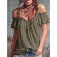 thumbnail image 5 of Women Cold Shoulder Ruffle Trim Top V Neck Short Sleeve Casual Blouse Green XXL, 5 of 6
