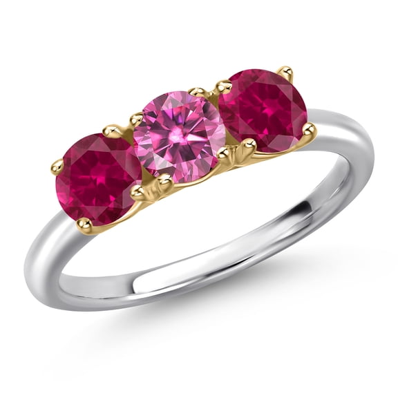 Gem Stone King 10K Two Tone Gold Pink Moissanite and Red Created Ruby Engagement Ring for Women | 1.70 Cttw | Round 5MM | Gemstone Birthstone | Size 7