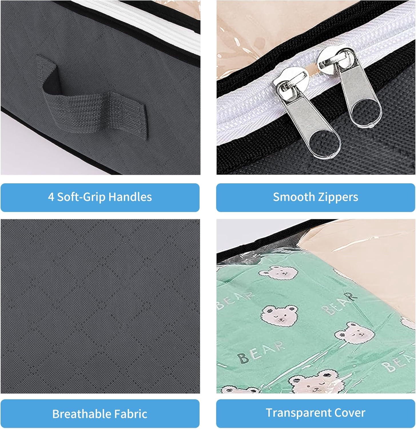 Behome 90L Under Bed Storage Containers, 4 Pack Closet Organizers and Under Bed Storage Bins, Foldable Underbed Storage Bags with Handles for Comforter, Blanket, Towels, Clothes, Gray