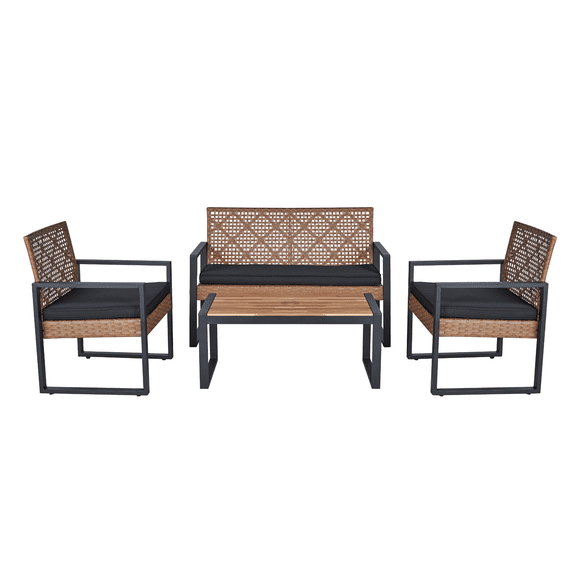 4 Piece Outdoor Patio Furniture Set, SHINPT All-Weather Rattan Wicker Furniture Set with Wood Table and Washable Cushions, Porch Furniture Sectional Loveseat for Balcony Garden Backyard Poolside