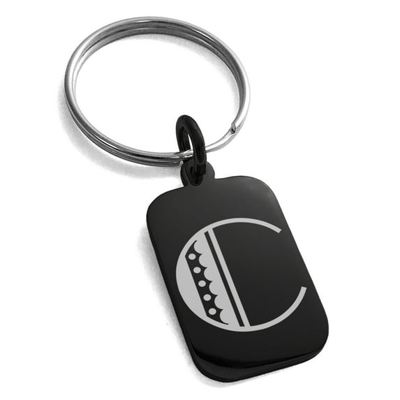 Stainless Steel Letter C Initial Metro Retro Monogram Engraved Small Rectangle Dog Tag Charm Keychain Keyring
