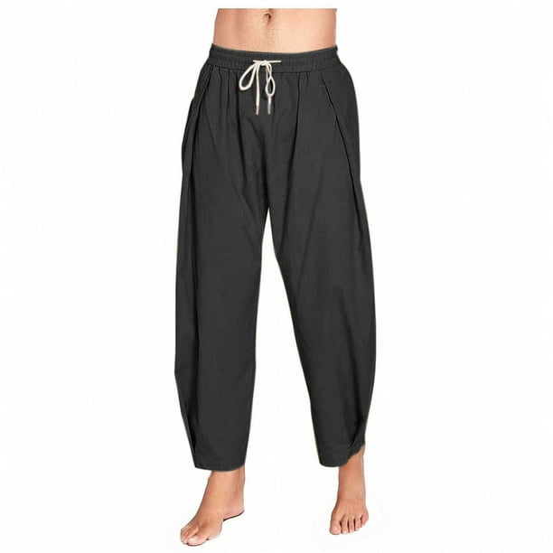 Pantalones largos para hombre, color liso, holgados, informales, con bolsillo, de lino, cintura elástica y cordón ajustable, de poliéster.