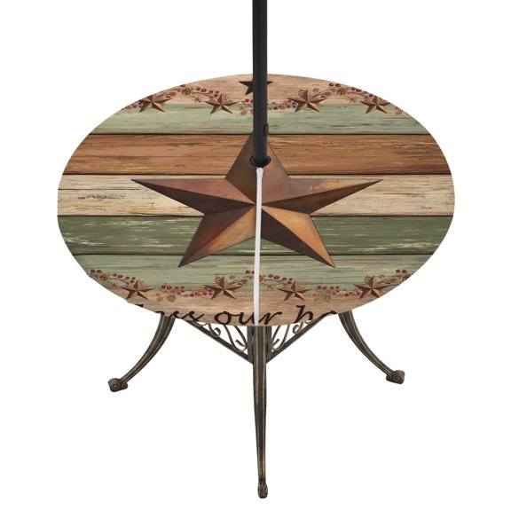Round Outdoor Tablecloth with Umbrella Hole and Zipper, Western Texas Star Retro Tablecloth with Elastic Waterproof, Vintage Farmhouse Green Brown Wooden Patio Table Covers for 36" - 44" Pool Tables