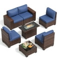 thumbnail image 2 of UDPATIO Patio Furniture Set with Fire Pit Table, Outdoor Patio Sofa Set With Wide Armrest, All-Weather Wicker Rattan Guest Set With Cushion And Glass Table And Waterproof Cover, Brown&Navy Blue, 2 of 8