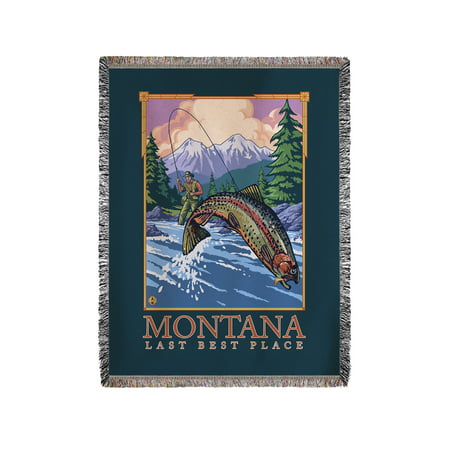 Montana, Last Best Place - Angler Fly Fishing Scene (Leaping Trout) - Lantern Press Original Poster (60x80 Woven Chenille Yarn