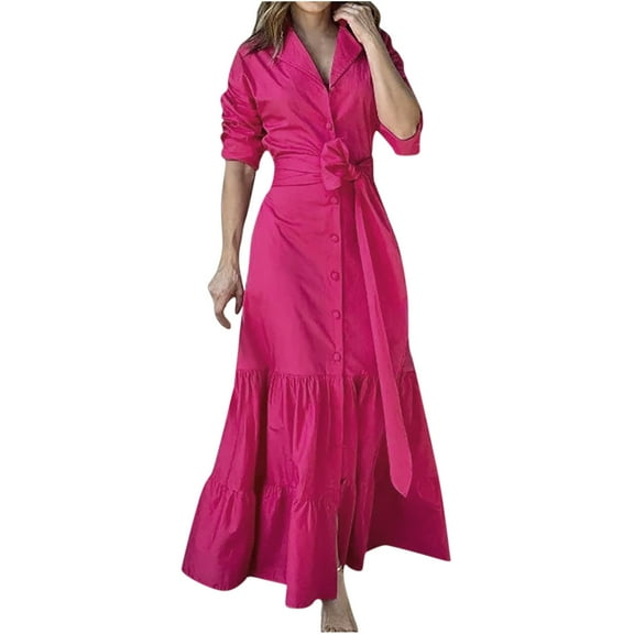 Lindreshi Fall Dresses for Women 2025 Homecoming Dresses Women's Fashion Turndown Collar Loose Cotton Linen Long Sleeve Tightness High Waist Dress