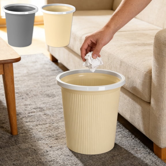 Cream-Style Trash Can - Lidless Garbage Bin with Pressure Ring, Compact Wastebasket for Bathroom/Bedroom/Office, Soft Cream Color Small Space Living Trash Container, Easy-to-Clean, 9*8in, Gray
