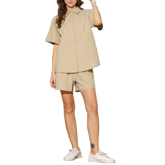 INSPIRE CHIC Women's Cotton 2 Piece Button Down Short Sleeve Turndown Collar Shirt Shorts Set Lounge Tracksuits XS Khaki