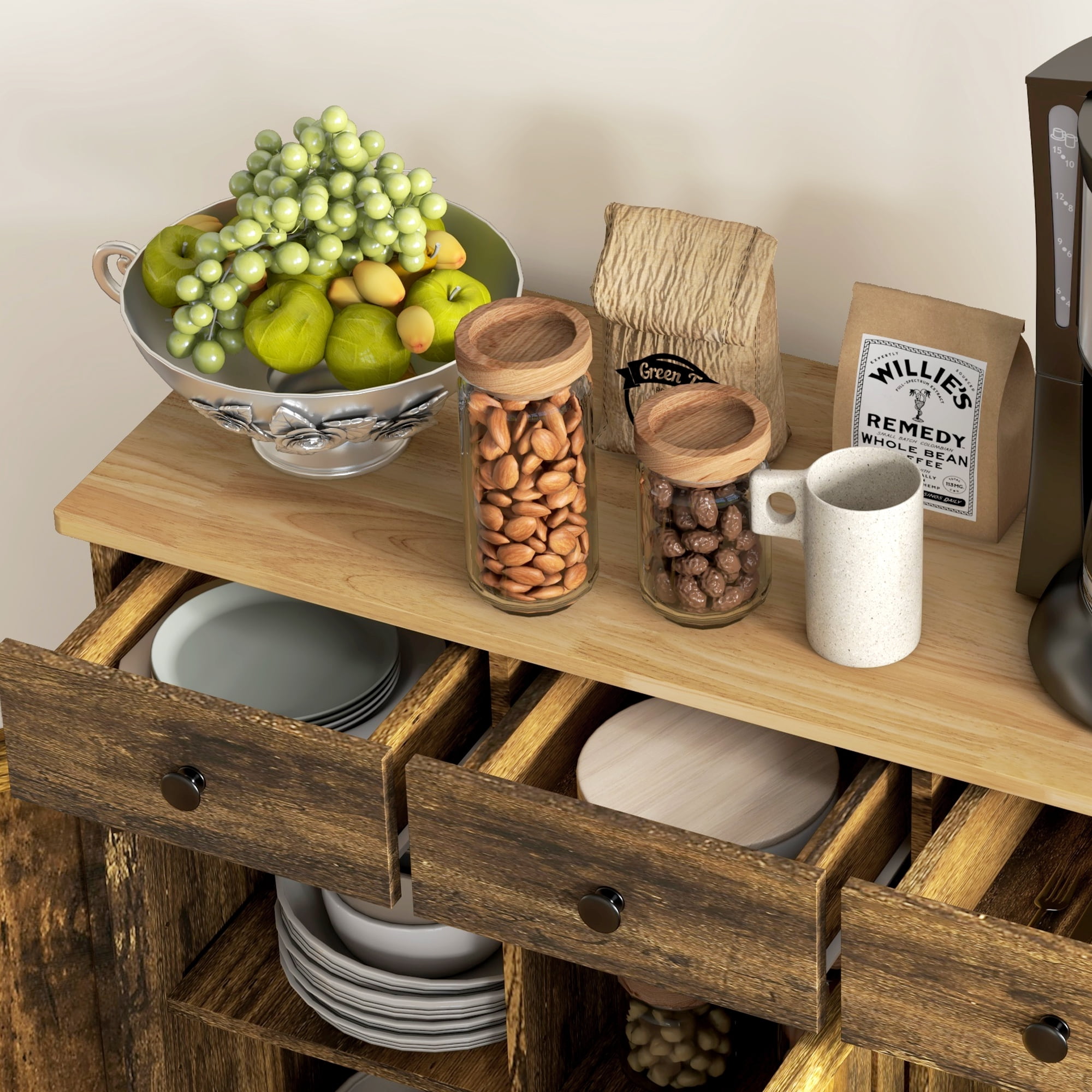 HOQBN Sideboard Buffet Cabinet, Storage Cabinet with Rubberwood Top and Adjustable Shelves, Multipurpose Storage Furniture for Dining Room and Kitchen Rustic Brown