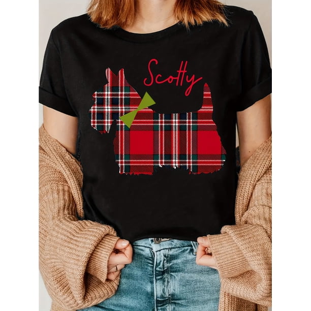 Machine Washable Cotton Blend Scottish Terrier Dog Print T-Shirt - Casual Summer Tee with Round Neck & Geometric Pattern - Perfect Travel Souvenir Gift, British, Souvenir, Leisure
