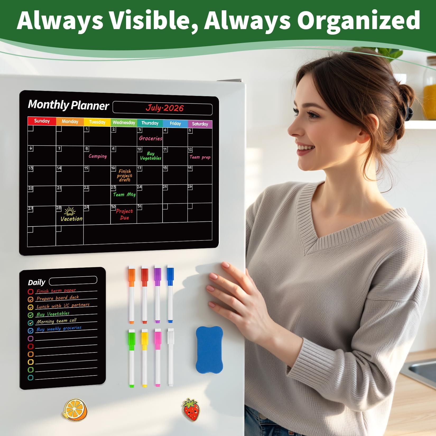 4 Pack Magnetic Dry Erase Board Set  16.5"x11.8" Calendar For Refrigerator Fridge Black Weekly Planner Whiteboard Easy To Use With 8 Markers & Eraser