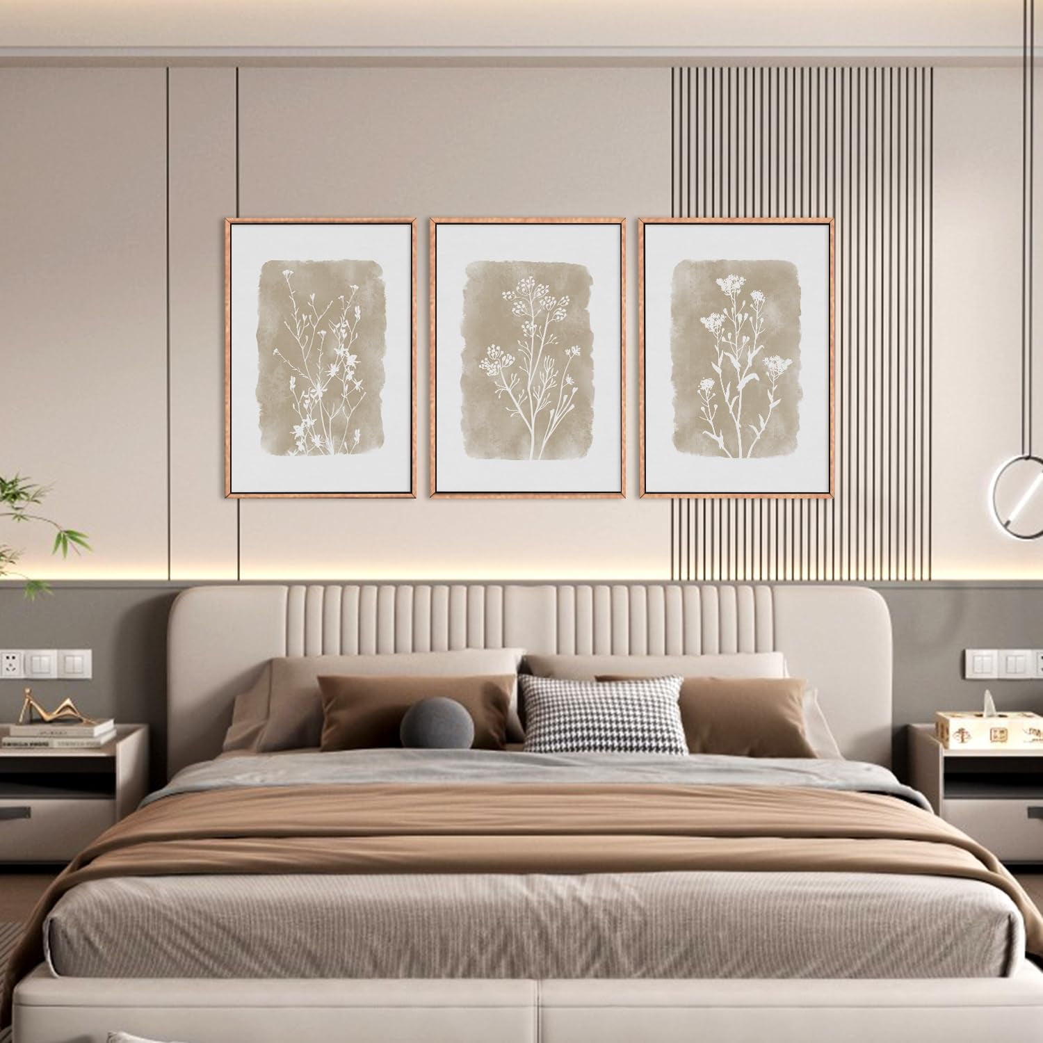 Botanical Farmhouse Wall Art Set, Framed Boho Plant Wall Decor, Neutral Minimalist Floral Wall Painting, Rustic Wildflower Canvas Art Prints for Living Room, Bedroom, Bathroom - Large 16"x24"x3