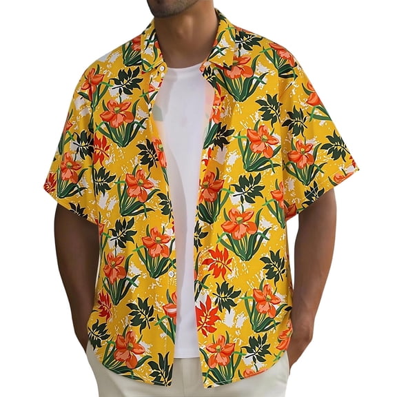 GUZOM Mens Yellow Floral Hawaiian Shirt Short Sleeve Tropical Vacation Beach Shirt Lightweight Loose Fit Polyester,Size 2XL