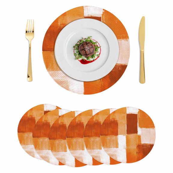 Burnt Orange Geometric Round 13 Inch Placemats Set of 6, Watercolor Ombre Modern Abstract Art HeatResistant Non Slip Place Mats for Dining Table, Wipeable Braided Kitchen Table Mats for Housewarming