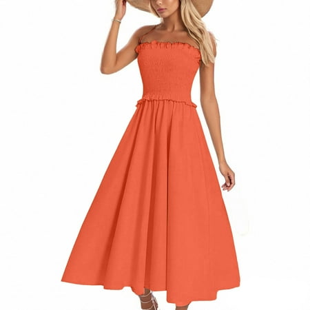Adjustable Straps Sundress Beach Wedding  Party Dresses for Women Elegant Classy Plus Size formal Strapless Dress Summer Masquerade Modest Prom Evening Bridesmaid Rose Red Saffron Xxl