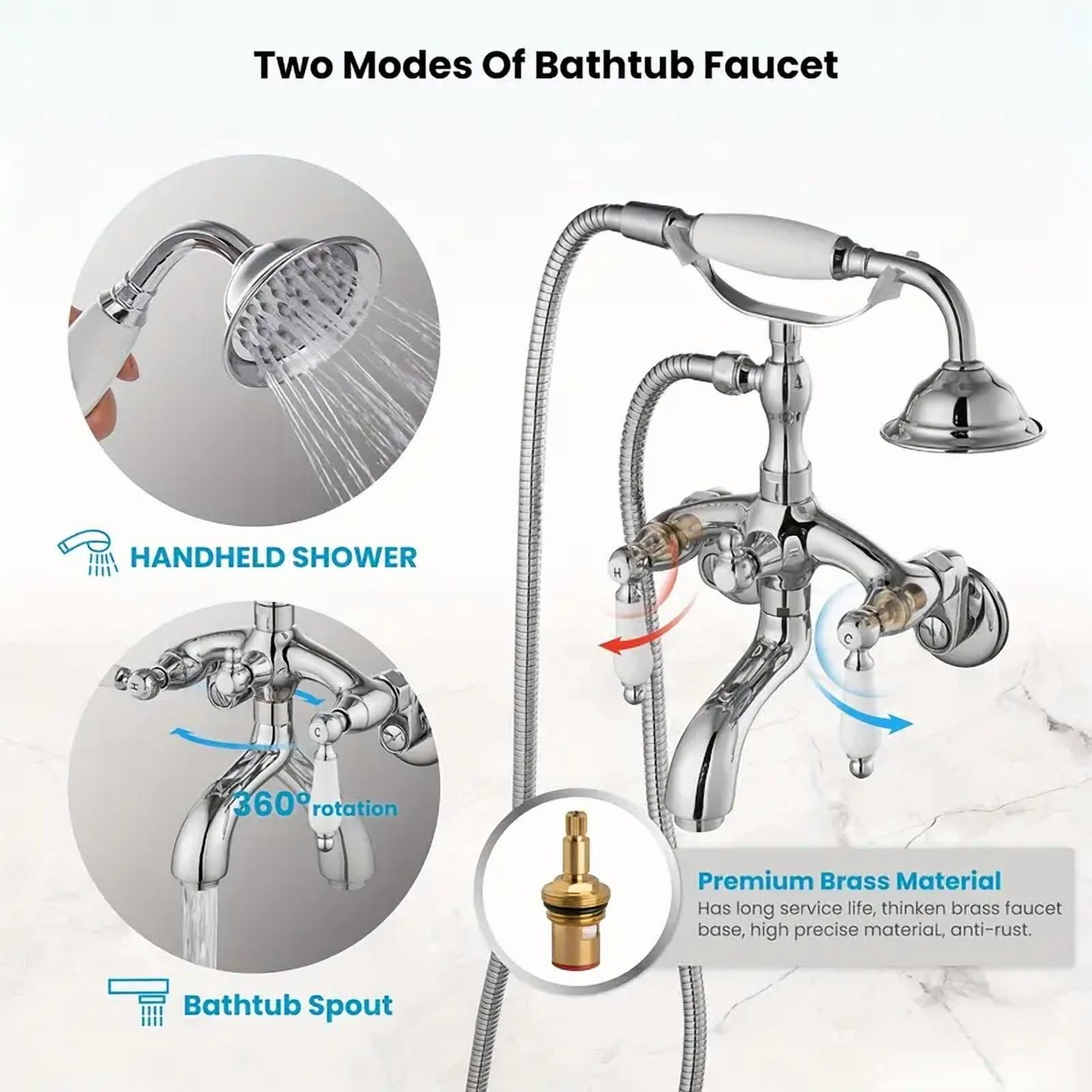 Chrome Clawfoot Tub Faucet Wall Mount Bathtub Faucet Set with Handheld Shower