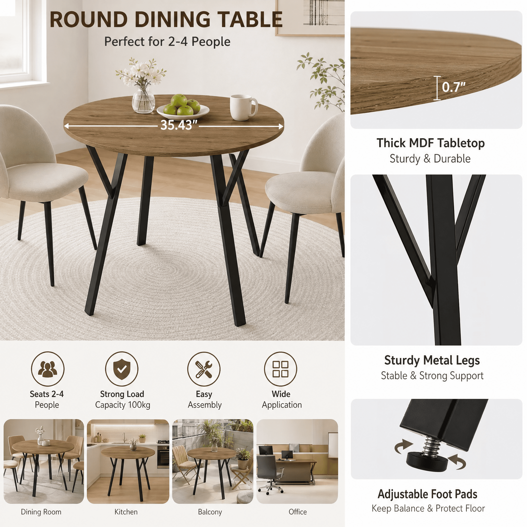 35.43 Inch Brown Round Dining Table for 2-4 People, Thick MDF Tabletop with Black Metal Legs, Modern Small Kitchen Dining Table with Adjustable Foot Pads
