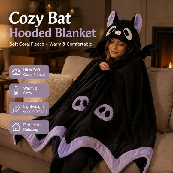 Bat Hooded Blanket with Sleeves, Oversized Wearable Cape Wrap for Women, Soft Coral Velvet Cozy Blanket for Lounging Napping, Unique Bat Shape Design Idea Gift