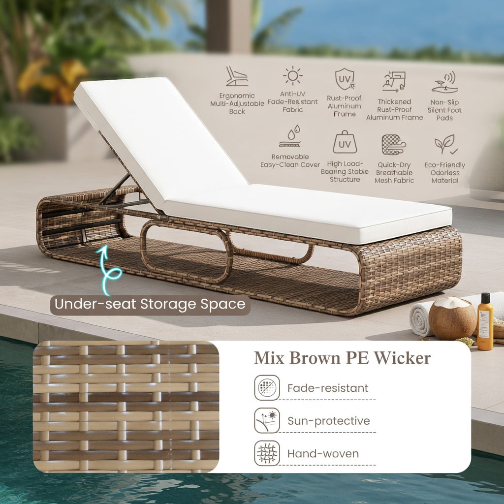 Hommoo 7-Position Adjustable PE Rattan Outdoor Chaise Lounge Chair with Removable Cushion, for Patio, Poolside & Backyard, White