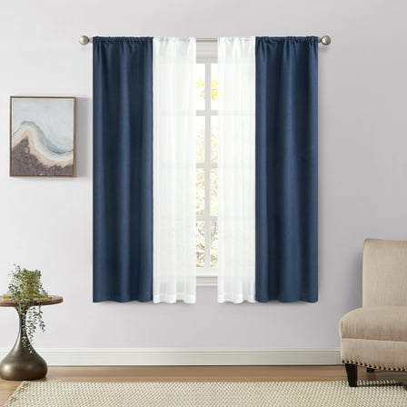 Mainstays Twill Blackout and Sheer Curtain Panel Set, 4-Piece, Navy, 27.5" W x 63" L