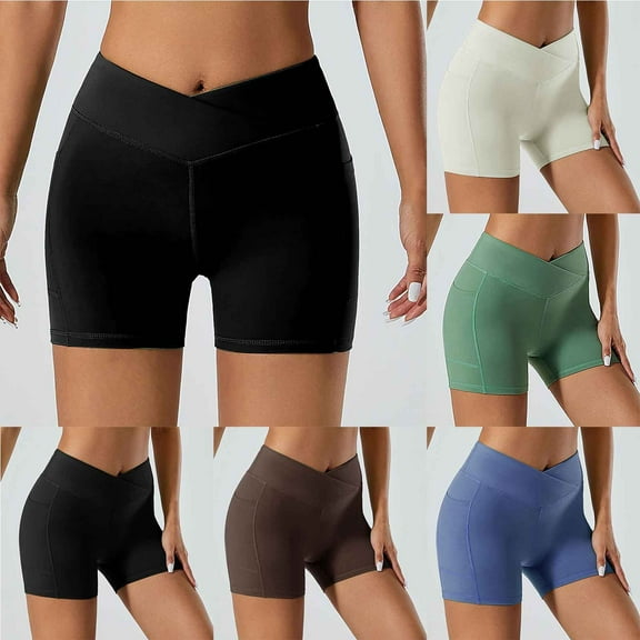 CFLVAEK Womens V Cross Waist Spandex Shorts for Yoga Athletic Bike with Pockets Comfy Tummy Contol Biker Shorts Solid Color Summer Bike Shorts Coffee M