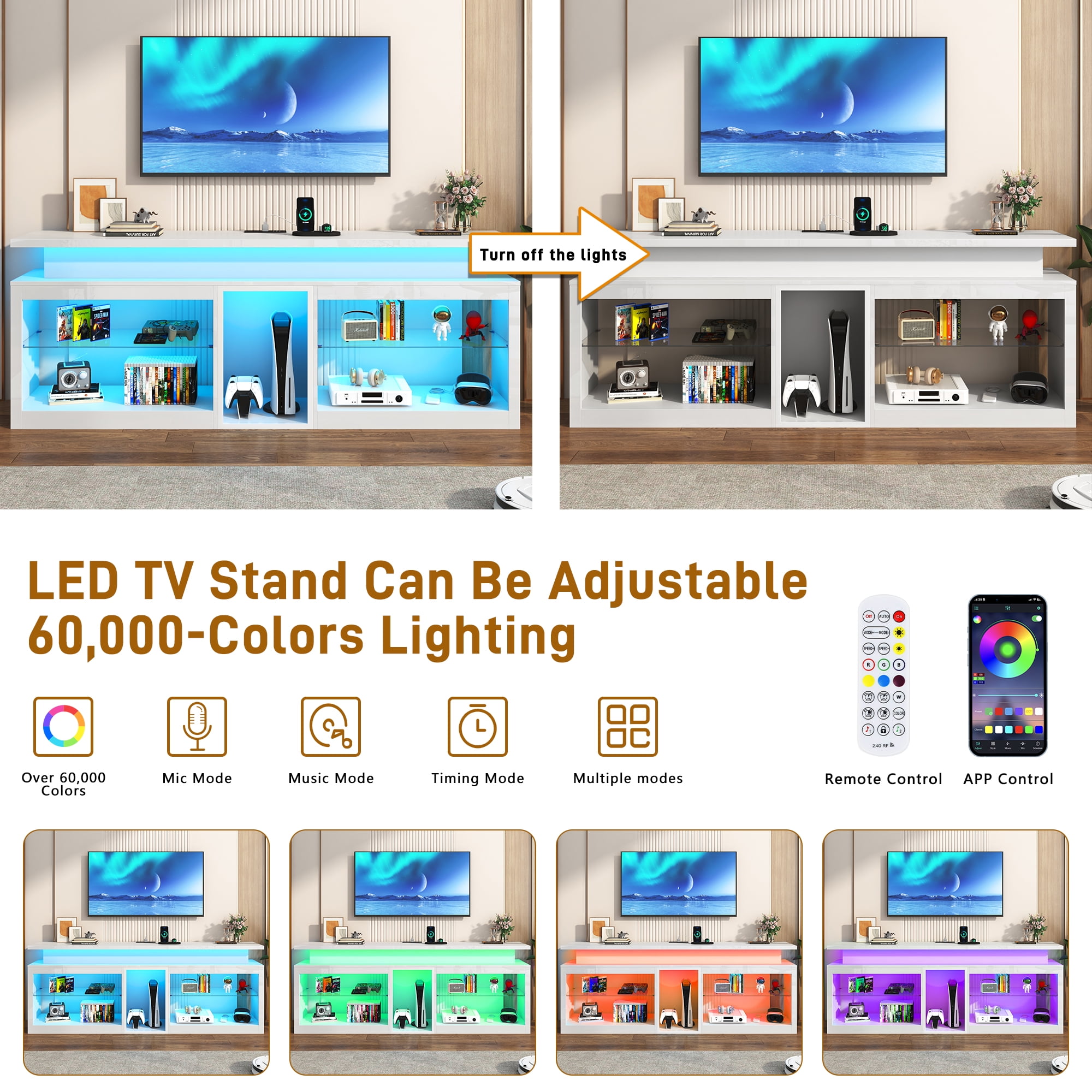 ChVans Modern LED TV Stand for TVs up to 80" with Adjustable LED Lights/Outlet, High Gloss Entertainment Center with Open Shelves Storage, Media Console TV Stands for Living Room, Game room, Bedroom