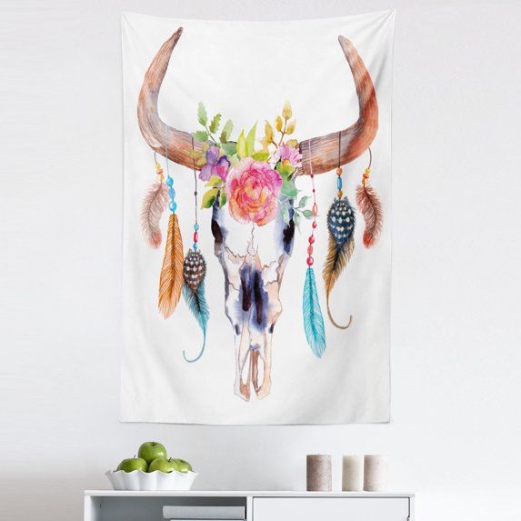 Feather Tapestry, Watercolor Style Bull Skull Ornaments Vibrant Image, Fabric Wall Hanging Decor for Bedroom Living Room Dorm, 5 Sizes, Multicolor, by Ambesonne