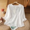thumbnail image 2 of Enjoytime Button Down Shirts for Women Imitation Linen Embroidered Solid Color Blouses 3/4 Sleeve Round Neck Business Casual Tops, 2 of 8