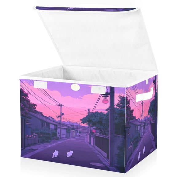 Yayeee Collapsible Cube Storage Bin with Lid Fabric Closet Decorative Basket with Handles, White Cat Walking
