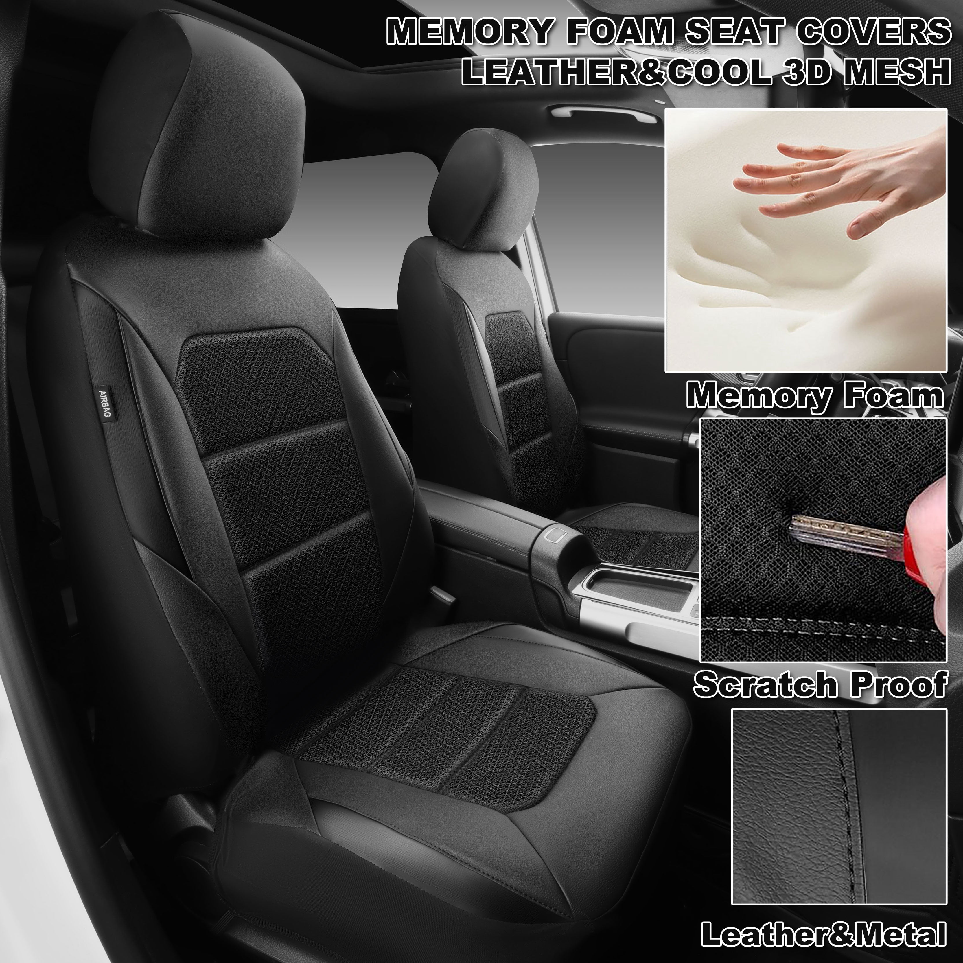 CAR GRAND Memory Foam seat covers Leather Mesh, Universal FIT Air cool mesh Thick car seat covers front seats 2 for SUV,Trucks,Sedan, Comfortable-Breath-Luxury-Protection Airbag compatible Black