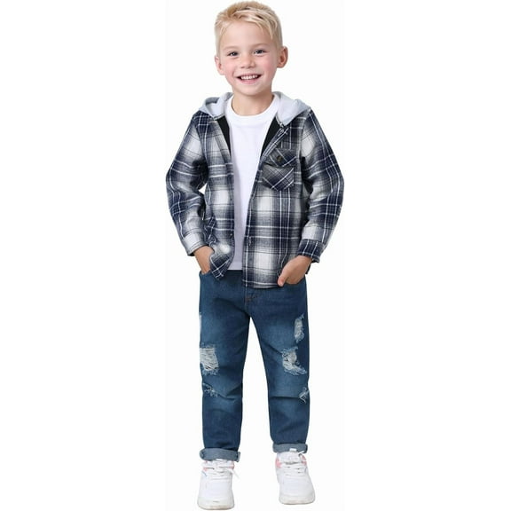 ZOEREA Toddler Baby Boys Clothes Outfits Kids Hoodie Flannel Shirts Set Plaid Hooded Tops  Jeans Pants Fall Winter 2-6T