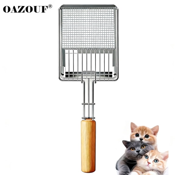 Metal Cat Litter Scoop, Dual-Size Mesh Extended Handle Shovel, Kitty Metal Scooper, Sturdy Mesh Scooper, Silver