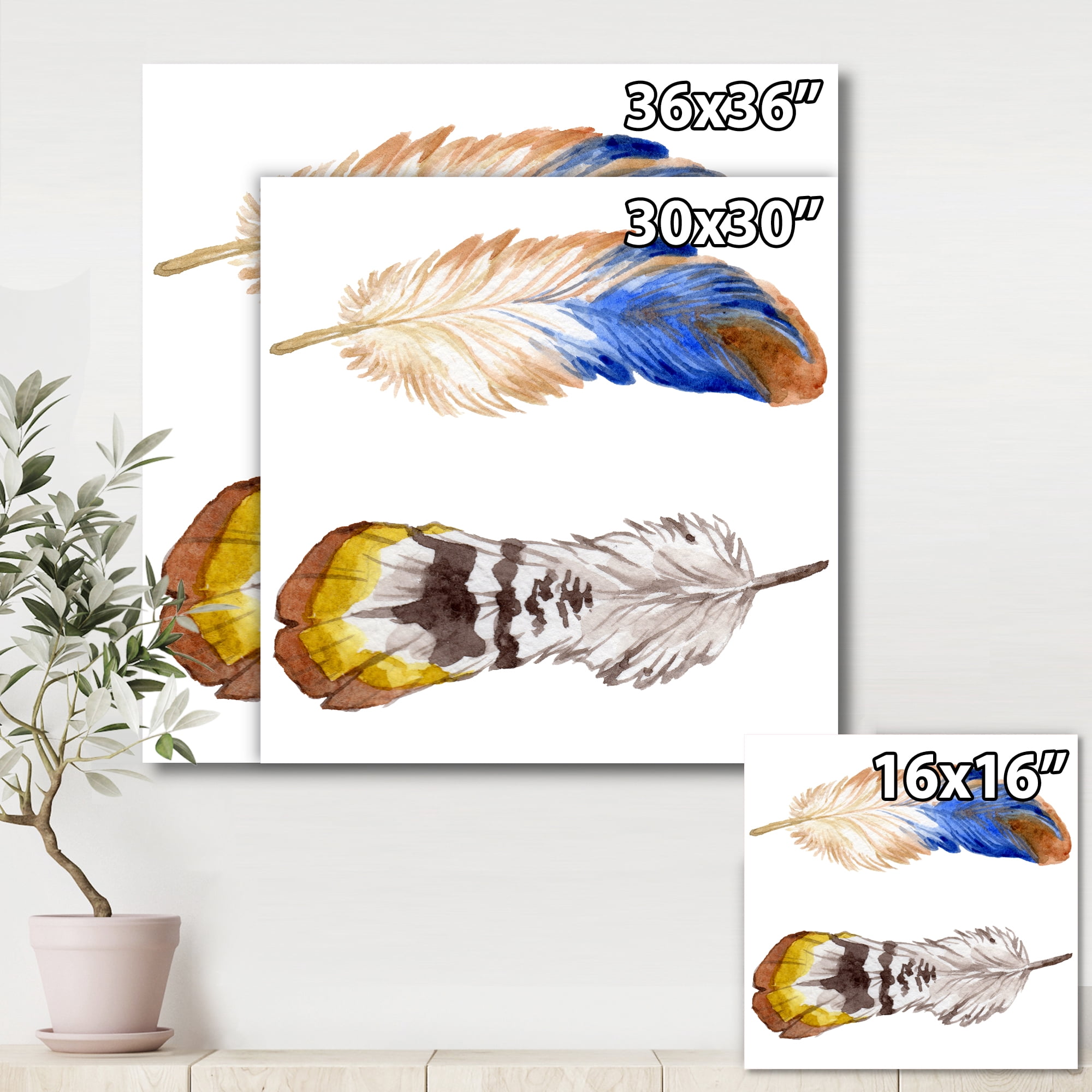 Designart ' Colourful Boho Art Feather Set III ' Bohemian & Eclectic Canvas Wall Art Print