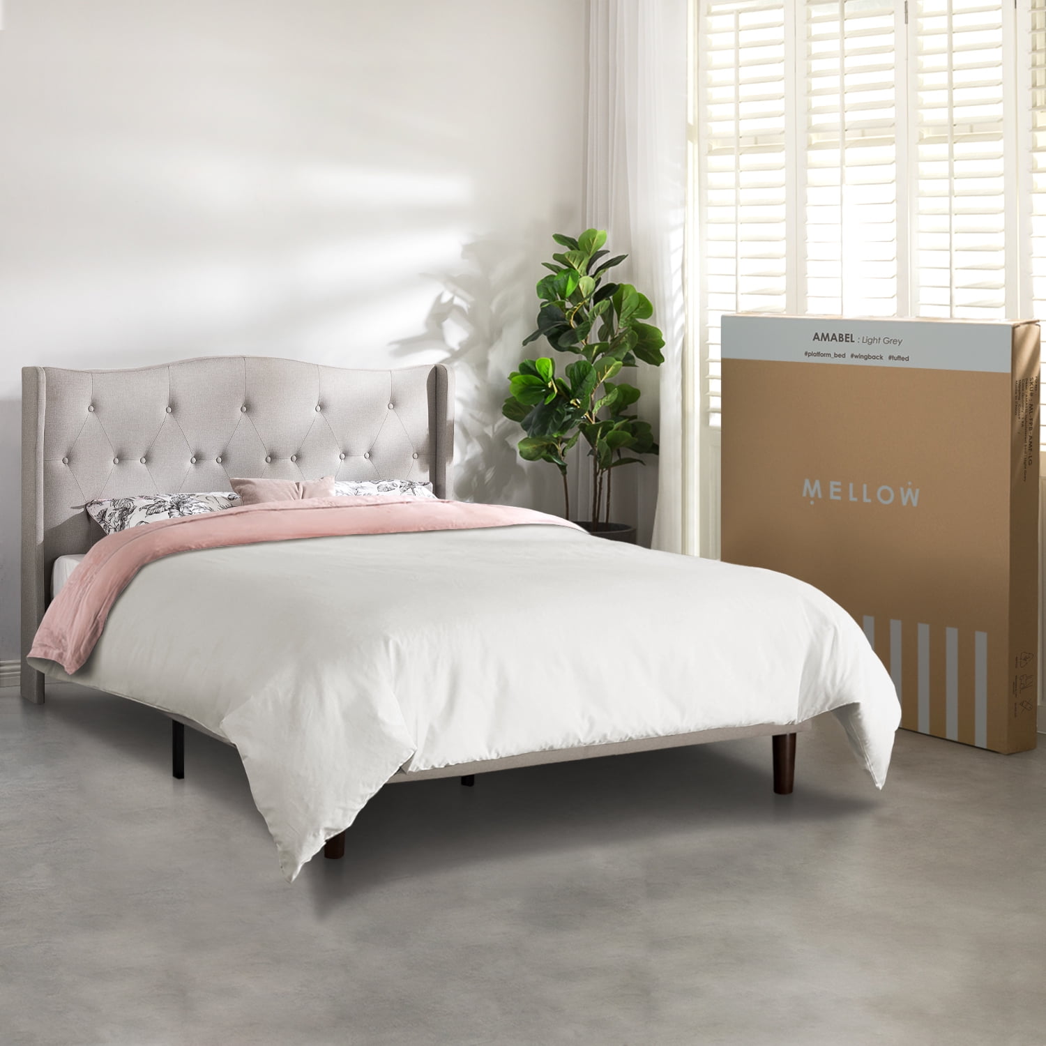 Mellow Amabel Upholstered Platform Bed with Wingback Headboard, Light Grey, Queen