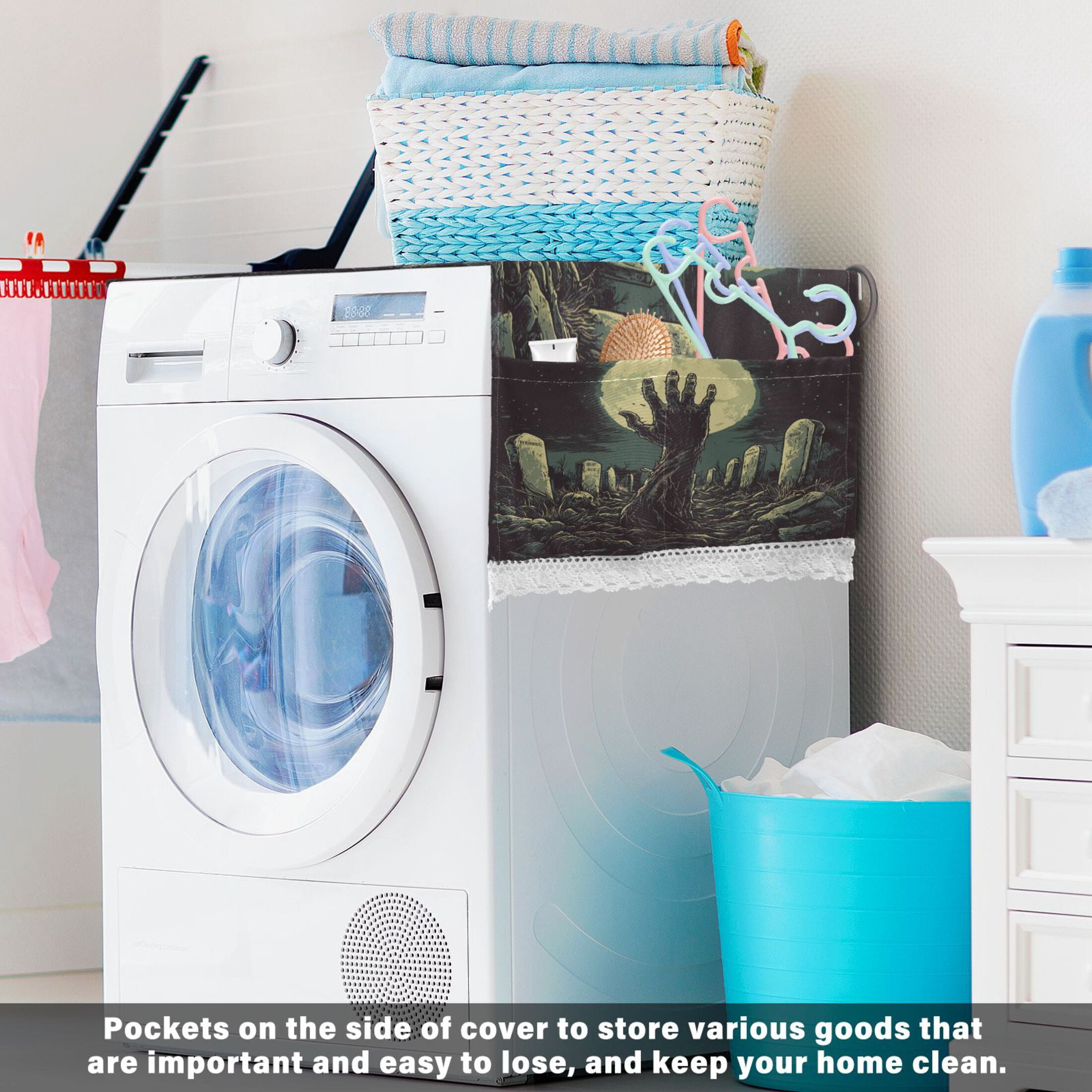 The Graveyard Of HorrorsWasher and Dryer Covers Dust-Proof and Oil Resistant Fridge Cover with 4 Storage Pockets Washing Machine Top Cover for Laundry Kitchen Home 51.2 x 22 In