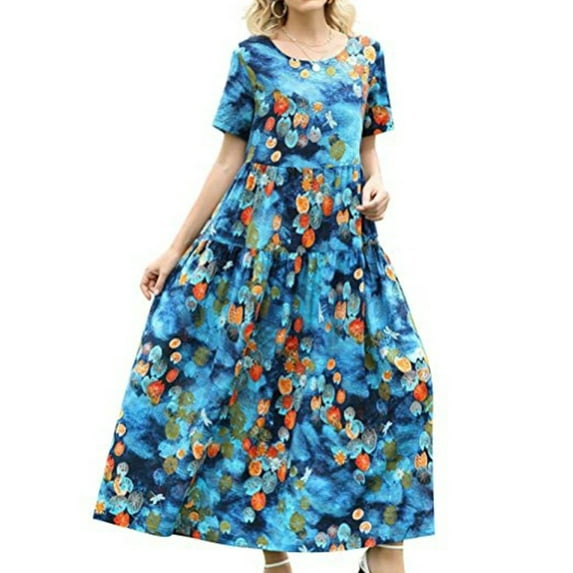 Frontwalk Women Long Dress Crew Neck Sundress Floral Printed Maxi Dresses Summer Tunic Short Sleeve Picture color 12 XS