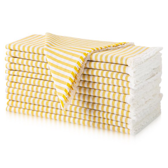 FINGERCRAFT Cloth Napkins Natural Cotton Checkered Set of 12 Premium Fringe Design Dinner Napkin Soft Durable Ideal for Dining Room, Restaurant, Weddings Events Washable Good Absorbency Yellow Stripe