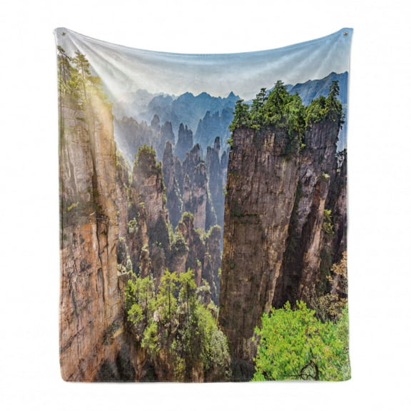 Landscape Soft Flannel Fleece Throw Blanket, Photo of Cliffs Trees Zhangjiajie China, Cozy Plush for Indoor and Outdoor Use, 50" x 60", Multicolor, by Ambesonne