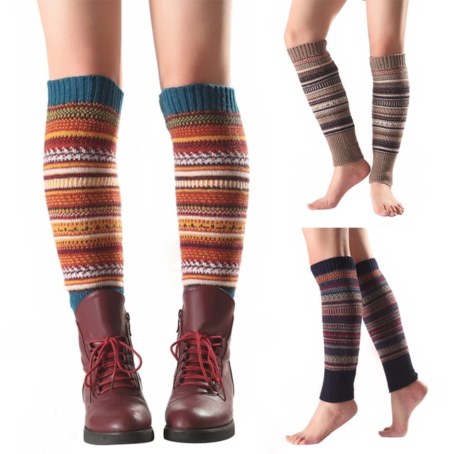 Women Striped Knitted Leg Warmers Winter Footless Knee High Fashion Boot Socks